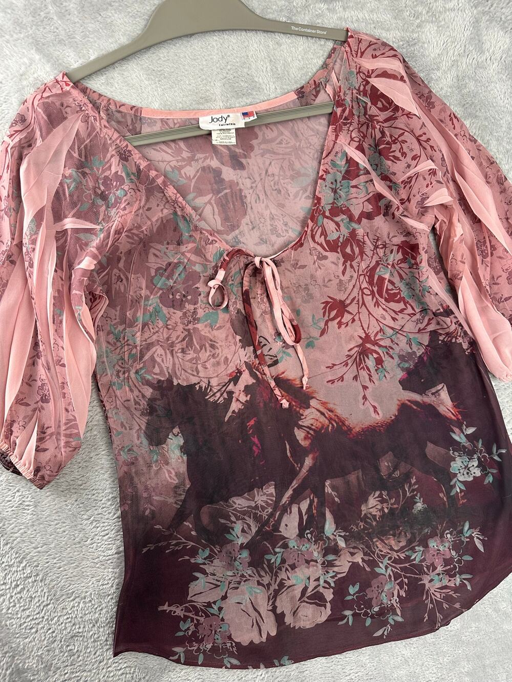 VTG Jody of California Pink Sheer Horse Print Top Puff Sleeve Western USA Size M